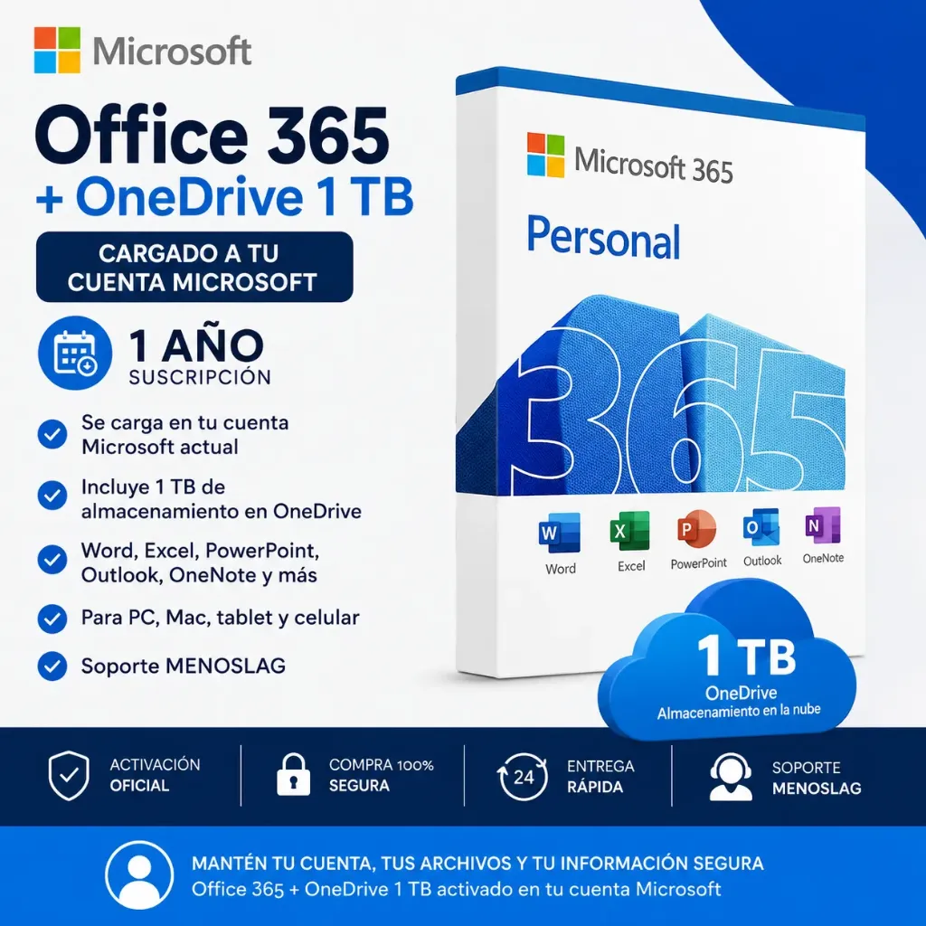 Office 365 + OneDrive 1 TB - Cargado a tu Cuenta Microsoft - 1 Año