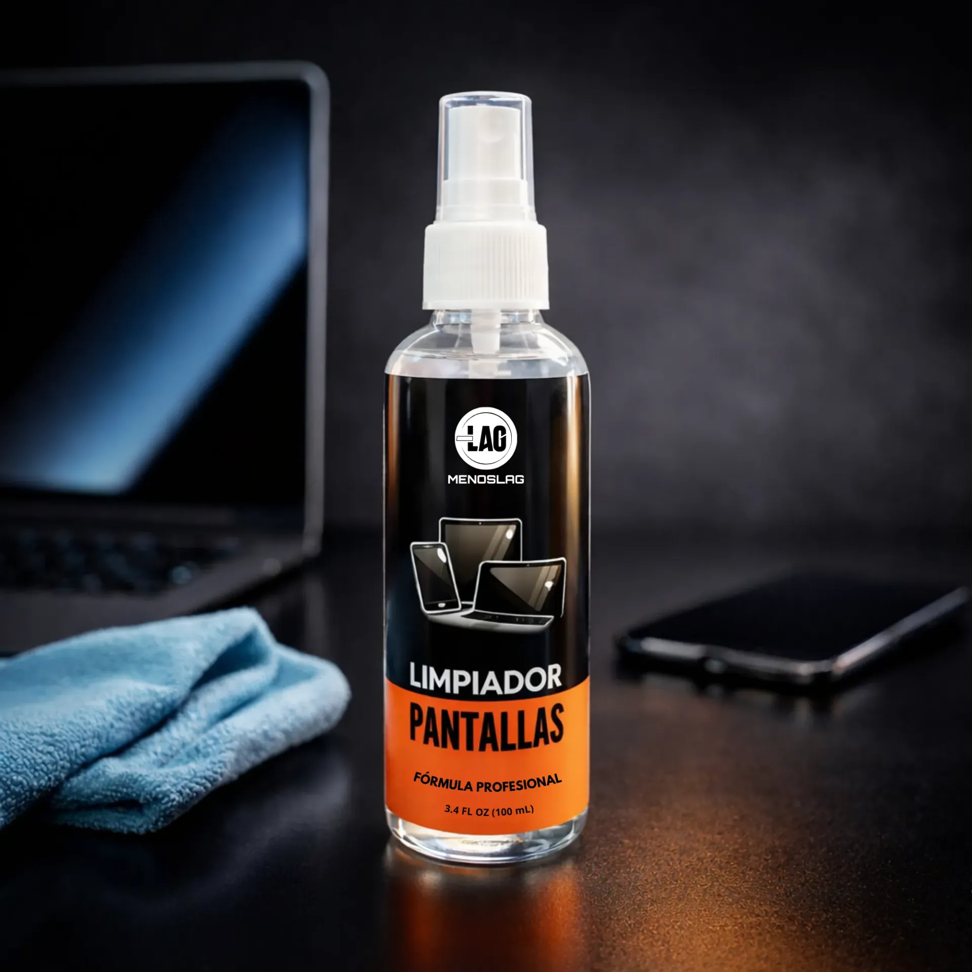 Limpiador de Pantallas Menoslag 100ml + Paño Microfibra para pantallas y dispositivos